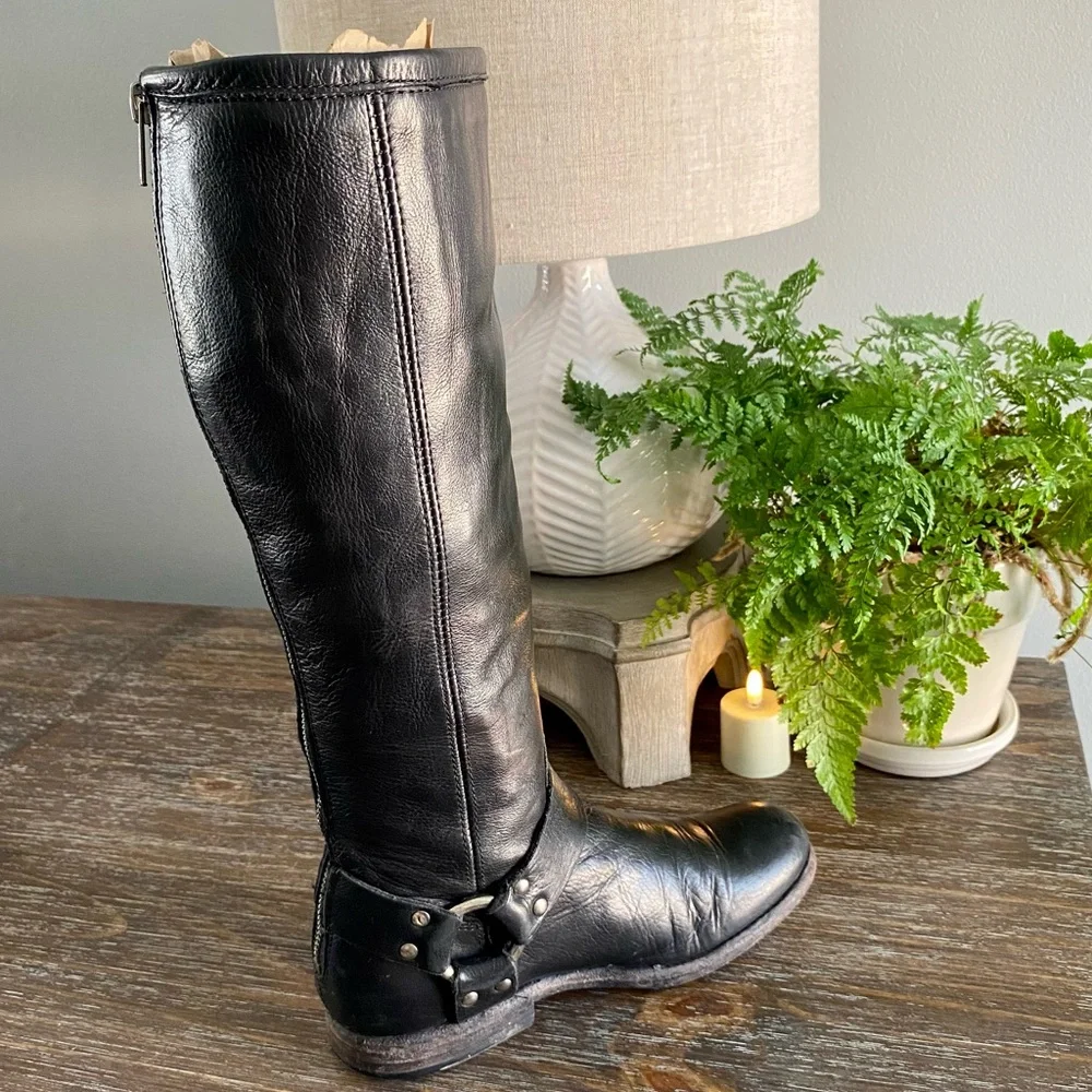 FRYE Phillip Harness Tall Knee High Wide Calf Boots Shoe Black Leather Womens 6B